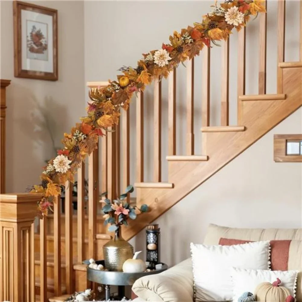 Fall Garland 6Ft Lifelike Autumn Maples Leaf Pumpkin Garland with Berries Pine